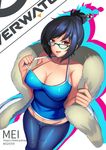  artist_name beads black_hair blue_shirt breasts brown_eyes character_name cleavage coat cowboy_shot glasses hair_bun hair_ornament hair_stick large_breasts looking_at_viewer lowleg lowleg_pants mei_(overwatch) negister open_mouth overwatch pants shirt short_hair signature smile solo strap_gap strap_pull tank_top watermark web_address 