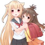  :o animal_ears backpack bag bare_shoulders black_skirt blonde_hair blush book brown_eyes brown_hair cat_ears eyebrows eyebrows_visible_through_hair hair_bobbles hair_intakes hair_ornament hands_on_another's_shoulders highres hug kemonomimi_mode konjiki_no_yami looking_at_viewer manatsuki_manata multiple_girls neckerchief open_mouth orange_skirt pleated_skirt randoseru red_eyes round_teeth school_uniform serafuku shirt short_sleeves skirt tank_top teeth to_love-ru topknot upskirt white_shirt yuuki_mikan 