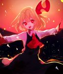  ascot backlighting bad_id bad_twitter_id blonde_hair blood daimaou_ruaeru hair_ribbon highres jpeg_artifacts long_sleeves open_mouth outstretched_arms red_eyes ribbon rumia shirt short_hair skirt skirt_set smile solo touhou upper_body vest 