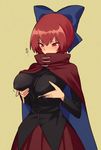  blush breast_hold breasts cape covered_mouth covered_nipples green_background hair_ribbon large_breasts long_sleeves looking_down red_eyes red_hair ribbon sekibanki self_fondle shirt short_hair simple_background skirt solo text_focus touhou upper_body urin 