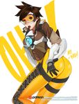  ass bad_anatomy bodysuit breasts brown_hair earrings english facebook_username gloves hand_on_hip hand_to_own_mouth highres jewelry kndy medium_breasts open_mouth orange_bodysuit overwatch patreon_logo patreon_username short_hair simple_background solo tracer_(overwatch) visor watermark web_address white_background 