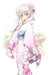  alternate_costume architecture blue_eyes blurry blurry_background east_asian_architecture floral_print flower hair_flower hair_ornament highres japanese_clothes kantai_collection kashima_(kantai_collection) kimono long_hair looking_at_viewer obi outdoors sarfata sash silver_hair smile solo twintails wavy_hair wide_sleeves 