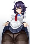 ahoge ass ass_visible_through_thighs bad_id bad_pixiv_id black_legwear blue_skirt blush breasts crotch_seam hair_flaps heart heart-shaped_pupils highres kantai_collection large_breasts long_hair long_sleeves looking_at_viewer low_twintails necktie open_mouth panties panties_under_pantyhose pantyhose pleated_skirt purple_hair red_eyes red_neckwear revision school_uniform serafuku skirt skirt_lift solo symbol-shaped_pupils taigei_(kantai_collection) terakoya thigh_gap thighband_pantyhose thighs twintails underwear white_panties 