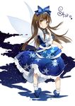  blue_bow blue_dress blue_footwear blush bobby_socks bow brown_eyes brown_hair character_name dress fairy_wings full_body hair_bow long_hair looking_at_viewer looking_back puffy_sleeves shoes simple_background smile socks solo standing star star_sapphire touhou toutenkou white_legwear wings 