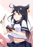  absurdres alternate_hairstyle animal_ears black_hair bowl breasts chopsticks cow_ears cow_horns food hair_ears hair_flaps highres horns kantai_collection kemonomimi_mode medium_breasts mochi moe_monokatari navel school_uniform serafuku shiruko_(food) skirt solo ushio_(kantai_collection) wagashi yellow_eyes 