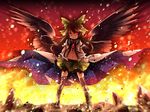  bird_wings black_hair black_legwear black_wings bow broken_ground brown_hair cape full_body hair_bow long_hair looking_at_viewer midriff navel open_clothes open_shirt red_eyes reiuji_utsuho shirt smile solo space thighhighs thighs third_eye touhou toutenkou wings zettai_ryouiki 