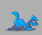  ass_up backsack balls blue_fur butt fur grey_background male mammal nintendo open_mouth pawpads pok&eacute;mon presenting presenting_hindquarters riolu rvlis shiny simple_background solo video_games 