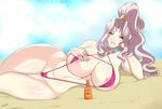  areola_slip areolae arm_support artist_name beach blue_eyes breasts cameltoe cleavage clothed_nipples cloud curvy erect_nipples gensou_suikoden gensou_suikoden_v hair_intakes hand_on_own_chest high_ponytail highres huge_breasts jeane lavender_hair legs long_hair looking_at_viewer lying on_side parted_lips pink_swimsuit ponytail sky sling_bikini solo strap_gap swimsuit thick_thighs thigh_gap thighs wide_hips zetarok 