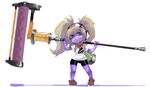  bike_shorts blonde_hair borvar dynamo_roller_(splatoon) fang highres league_of_legends light_smile long_hair looking_at_viewer paint_roller parody poppy purple_skirt red_eyes shirt simple_background skirt solo splatoon_(series) splatoon_1 t-shirt thighs twintails white_background wide_hips yordle 