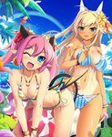  ;d ass_visible_through_thighs ball bangle beachball bent_over bikini blonde_hair blue_bikini blue_eyes bracelet breasts cleavage fang flower front-tie_bikini front-tie_top hair_flower hair_ornament hibiscus horns jewelry large_breasts lilim_(shingeki_no_bahamut) long_hair low_wings mel/a multicolored multicolored_stripes multiple_girls navel necklace one-piece_tan one_eye_closed open_mouth outdoors petals pink_hair plumeria pointy_ears rainbow shingeki_no_bahamut side-tie_bikini smile striped striped_bikini swimsuit tail tan tanline twintails vertical-striped_bikini vertical_stripes very_long_hair wet wings 