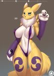  2019 3_fingers anthro areola big_breasts bikini black_sclera blue_eyes breasts chest_tuft clothing digimon digimon_(species) doomthewolf erect_nipples female fur multicolored_fur nipples purple_fur renamon sling_bikini solo sweat sweatdrop swimsuit tuft white_fur yellow_fur 