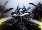  absurdres black_jacket coat darkness dual_wielding gun handgun highres holding holding_weapon hood hooded_jacket jacket looking_at_viewer male_focus mask overwatch reaper_(overwatch) solo trench_coat upper_body weapon 