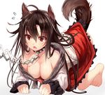  ahoge all_fours animal_ears bangs bare_shoulders barefoot blush breasts brooch brown_hair chain cleavage collar collarbone downblouse dress efe flying_sweatdrops hair_between_eyes imaizumi_kagerou jewelry large_breasts long_hair open_mouth red_eyes revision simple_background solo sweatdrop tail tears teeth touhou very_long_hair white_background wolf_ears wolf_tail 
