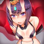  blush breasts chromatic_aberration fang fate/grand_order fate_(series) hair_ornament horns looking_at_viewer oni oni_horns purple_eyes purple_hair rangsiwut_sangwatsharakul short_hair shuten_douji_(fate/grand_order) small_breasts solo sweatdrop tears trembling 