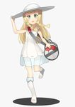  akmzk bag bangs blonde_hair blush braid breasts dress female full_body green_eyes grey_background hand_up hat kneehighs lillie_(pokemon) long_hair looking_at_viewer nintendo open_mouth pokemon pokemon_sm see-through shadow shoes simple_background sleeveless sleeveless_dress small_breasts socks solo standing standing_on_one_leg twin_braids white_dress white_hat white_shoes wind 