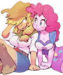  :3 applejack blonde_hair blue_eyes boots breasts bursting_breasts cleavage cowboy_boots cowboy_hat curly_hair green_eyes hat large_breasts multiple_girls my_little_pony my_little_pony_equestria_girls my_little_pony_friendship_is_magic personification pink_hair pink_skin pinkie_pie sanjiro_(tenshin_anman) side_ponytail simple_background sitting sleeves_rolled_up smile tight white_background 