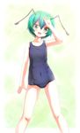  antennae arm_at_side armpits bare_arms bare_shoulders blue_swimsuit blush collarbone covered_navel eyebrows eyebrows_visible_through_hair green_background green_eyes green_hair hair_between_eyes head_tilt highres insect_girl legs_apart looking_at_viewer mofupaka one-piece_swimsuit school_swimsuit short_hair simple_background solo standing swimsuit tareme thighs touhou wriggle_nightbug 