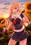  :d ;d absurdres black_gloves black_serafuku black_skirt blonde_hair cowboy_shot dusk field fingerless_gloves flower flower_field gloves gradient_hair hair_flaps hair_ornament hair_ribbon hairclip highres hopepe kantai_collection long_hair looking_at_viewer multicolored_hair one_eye_closed open_mouth red_eyes remodel_(kantai_collection) ribbon scarf school_uniform serafuku skirt smile solo sunflower white_scarf yuudachi_(kantai_collection) 