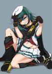  ascot belt_boots blush boots cape commentary_request eyepatch gloves green_eyes green_hair hat kantai_collection kiso_(kantai_collection) long_hair omochi_(433purupuru) simple_background skirt solo sword weapon 
