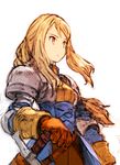  agrias_oaks armor blonde_hair brown_gloves corset faux_traditional_media final_fantasy final_fantasy_tactics floating_hair gloves long_hair looking_afar no_nose official_style orange_eyes sidelocks simple_background solo sword taroji weapon white_background 