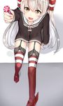  amatsukaze_(kantai_collection) bad_id bad_pixiv_id brown_dress brown_eyes candy dress food garter_straps giving hair_tubes highres kantai_collection lifebuoy lollipop long_hair long_sleeves looking_at_viewer looking_up open_mouth red_legwear sailor_collar sailor_dress short_dress silver_hair sitting smile solo striped striped_legwear suzuharu_toufu thighhighs two_side_up windsock 