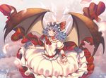  ascot bad_id bad_pixiv_id bat_wings blue_hair bow cheong_ha frills hat hat_bow mob_cap petals red_eyes remilia_scarlet solo touhou wavy_hair wings wrist_cuffs 