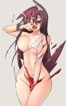  ;o animal_ears areola_slip areolae arm_up between_legs breasts brown_hair cowboy_shot grey_background groin hair_between_eyes half-closed_eye hand_between_legs highres hira_(nanika_no_heya) imaizumi_kagerou large_breasts legs_together long_hair looking_at_viewer nail_polish navel one_eye_closed open_mouth red_eyes red_nails red_skirt shirt simple_background skirt solo tail touhou wolf_ears wolf_tail 