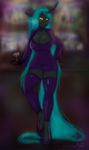 2016 anthro anthrofied big_breasts blue_hair breasts changeling cheezayballz cleavage clothed clothing female friendship_is_magic green_eyes hair hi_res horn legwear long_hair looking_at_viewer my_little_pony queen_chrysalis_(mlp) solo thigh_highs 
