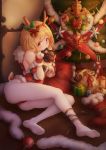  1girl absurdres antlers ass black_gloves blonde_hair blush bow box breasts candy candy_cane christmas christmas_ornaments christmas_stocking christmas_tree cleavage detached_sleeves djeeta_(granblue_fantasy) feet food full_body fur-trimmed_leotard fur_trim gift gift_box gloves granblue_fantasy hair_bow half_gloves hat highres indoors leotard looking_at_viewer no_shoes pantyhose red_bow red_eyes red_leotard reindeer_antlers reindeer_tail santa_hat short_hair solo strapless strapless_leotard tail thighs wakaba_(945599620) white_legwear wrist_cuffs 