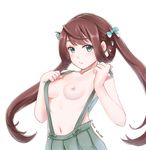  :t areolae asagumo_(kantai_collection) bangs breasts brown_hair clenched_hands closed_mouth collarbone disco_brando green_eyes hair_between_eyes hair_ribbon highres kantai_collection long_hair looking_at_viewer naked_suspenders navel nipples pleated_skirt pout ribbon simple_background skirt small_breasts solo suspender_skirt suspenders suspenders_pull topless twintails twitter_username upper_body white_background 