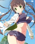  bad_id bad_pixiv_id brown_hair enpu_(ufo) gochuumon_wa_usagi_desu_ka? green_eyes jacket long_hair short_shorts shorts smile solo twintails ujimatsu_chiya v 