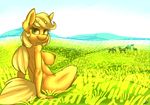  2016 anthro anthrofied applejack_(mlp) blonde_hair casual_nudity earth_pony equine female freckles friendship_is_magic hair hi_res horse looking_at_viewer looking_back mammal my_little_pony nipples ogaraorcynder outside pony ponytail puffy_nipples rear_view sitting smile solo 