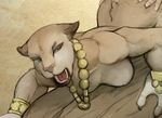  2016 ambiguous_gender anthro breasts brown_background brown_eyes brown_fur duo feline female fur hand_on_butt hattonslayden human interspecies jewelry lying mammal necklace nude on_front open_mouth pink_nose simple_background solo_focus teeth tongue 