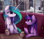  2016 beverage city cup door duo equine eye_contact feathered_wings feathers female feral food friendship_is_magic fur hair hi_res horn inside jewelry lyra-senpai mammal multicolored_hair my_little_pony necklace princess_celestia_(mlp) purple_eyes purple_fur smile snow table twilight_sparkle_(mlp) unicorn white_feathers white_fur window winged_unicorn wings winter 