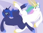  2015 abstract_background absurd_res blue_eyes clitoris duo equine female female/female feral feral_on_feral friendship_is_magic hair hi_res horn magic mammal multicolored_hair my_little_pony open_mouth phylloaurea princess_celestia_(mlp) princess_luna_(mlp) purple_eyes pussy pussy_juice smile spread_legs spreading winged_unicorn wings 