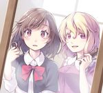  blonde_hair blouse breasts brown_eyes brown_hair capelet colored_eyelashes comb combing dress female_pov hair_between_eyes hair_tousle indoors long_hair lowres maribel_hearn medium_breasts midorino_eni mirror multiple_girls open_mouth pov purple_dress purple_eyes reflection slit_pupils touhou upper_body usami_renko wavy_hair white_blouse 