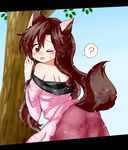  ;o ? against_tree animal_ears ass blush brown_hair dress from_behind highres imaizumi_kagerou long_hair looking_at_viewer looking_back off_shoulder one_eye_closed solo spoken_question_mark sweat tail totoharu_(kujirai_minato) touhou tree wolf_ears wolf_tail 