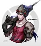  2016 character_name cigarette collarbone dated earrings genderswap genderswap_(ftm) gun head_mounted_display jewelry long_hair looking_at_viewer lucha_cha male_focus mouth_hold necklace overwatch ponytail purple_hair signature solo stud_earrings upper_body very_long_hair weapon widowmaker_(overwatch) yellow_eyes 