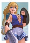  :d belt blonde_hair blue_eyes blurry bracer braid breasts cleavage cowboy_shot dated depth_of_field foreshortening holding lasterk long_hair looking_at_viewer medium_breasts miniskirt no_bra open_mouth shield sideboob signature single_braid skirt smile solo sophitia_alexandra soulcalibur soulcalibur_vi sword weapon wristband 