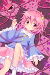  blush checkered checkered_floor frills hakuto_(28syuku) komeiji_satori lying on_back pink_eyes pink_hair solo third_eye touhou wide_sleeves 