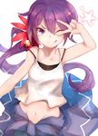  ;q absurdres akebono_(kantai_collection) alternate_costume bare_arms bell camisole flower hair_bell hair_flower hair_ornament highres jingle_bell kantai_collection long_hair navel one_eye_closed purple_eyes purple_hair ranf side_ponytail simple_background smile solo star tongue tongue_out v 