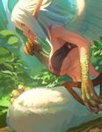  blood breasts claws dark_skin feathered_wings feathers harpy large_breasts monster_girl original outdoors ox_(baallore) pointy_ears profile red_eyes solo underboob white_hair wings 