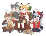  4girls :t =3 alternate_costume angry animal_ears antlers appleq bangs bell belt black_gloves black_hair black_legwear blonde_hair blush bodystocking bow bowtie box brown_eyes brown_footwear brown_hair capelet capybara_(kemono_friends) capybara_ears christmas clenched_teeth closed_mouth commentary_request controller dress extra_ears eyebrows_visible_through_hair ezo_red_fox_(kemono_friends) flipped_hair fox_ears fox_tail full_body fur-trimmed_capelet fur-trimmed_hood fur-trimmed_sleeves fur_collar fur_trim game_controller gift gloves green_eyes grey_hair grin hair_ornament hair_ribbon hair_scrunchie half-closed_eyes hat heterochromia highres holding holding_controller hood hood_down hooded_jacket indian_style jacket joy-con kemono_friends long_hair long_sleeves looking_at_another looking_to_the_side massage_chair multicolored_hair multiple_girls open_gift orange_eyes pantyhose playing_games pout red_eyes red_neckwear reindeer_(kemono_friends) reindeer_antlers reindeer_ears ribbon rolling_sleeves_up sack santa_costume santa_hat scrunchie seiza shoes short_over_long_sleeves short_sleeves shorts sidelocks silver_fox_(kemono_friends) simple_background sitting skirt sleeves_rolled_up smile smug squiggle suspenders sweater sweater_dress tail tearing_up teeth towel towel_on_head twintails two-tone_hair v-shaped_eyebrows white_background 