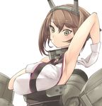  arm_up armpits breasts crop_top flipped_hair gloves green_eyes hair_between_eyes kantai_collection light_brown_hair looking_down machinery medium_breasts mutsu_(kantai_collection) shirt short_hair simple_background sleeveless sleeveless_shirt solo upper_body white_background white_gloves yasu_(yossy) 