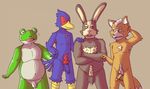  amphibian avian bird canine crossed_arms falco_lombardi fox fox_mccloud group hand_on_shoulder hare kayadult lagomorph male mammal nintendo nude penis peppy_hare slippy_toad smile standing star_fox tears toad video_games 