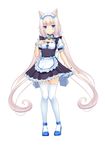  3d animal_band_legwear animal_ears apron bell bell_collar blue_eyes cat_band_legwear cat_ears cat_tail collar hand_on_own_chest highres jingle_bell long_hair looking_at_viewer miniskirt nekopara puffy_short_sleeves puffy_sleeves ribbon sayori short_sleeves simple_background skirt slit_pupils solo tail thighhighs twintails vanilla_(sayori) very_long_hair waist_apron white_background white_hair zettai_ryouiki 