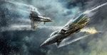  aircraft airplane bad_id bad_pixiv_id battle condensation_trail dogfight f-15_eagle fighter_jet fire ground_vehicle jet machinery military military_vehicle mobius_(suicideloli) motor_vehicle original rafale rain water 