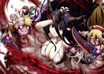  antenna_hair bandaged_arm bandages black_gloves black_hair blood blood_splatter bloody_clothes breasts cleavage commentary_request crescent danua draph dress empty_eyes fingerless_gloves gloves granblue_fantasy gretel_(granblue_fantasy) hair_between_eyes hansel_(granblue_fantasy) horn_ornament jewelry large_breasts long_hair looking_at_viewer necklace ogawa_shou pointy_ears red_eyes solo sword weapon white_dress 
