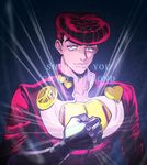  brooch crazy_diamond earrings gakuran glowing heart higashikata_jousuke jewelry jojo_no_kimyou_na_bouken lips macaroni_(piyo4508) male_focus peace_symbol pompadour purple_eyes red_hair school_uniform smile solo stand_(jojo) upper_body zipper 