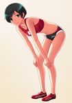  absurdres asics bent_over black_hair blue_eyes full_body hands_on_own_knees highres kuri_(kurigohan) leaning_forward navel original shadow short_hair simple_background solo sports_bikini track track_uniform 